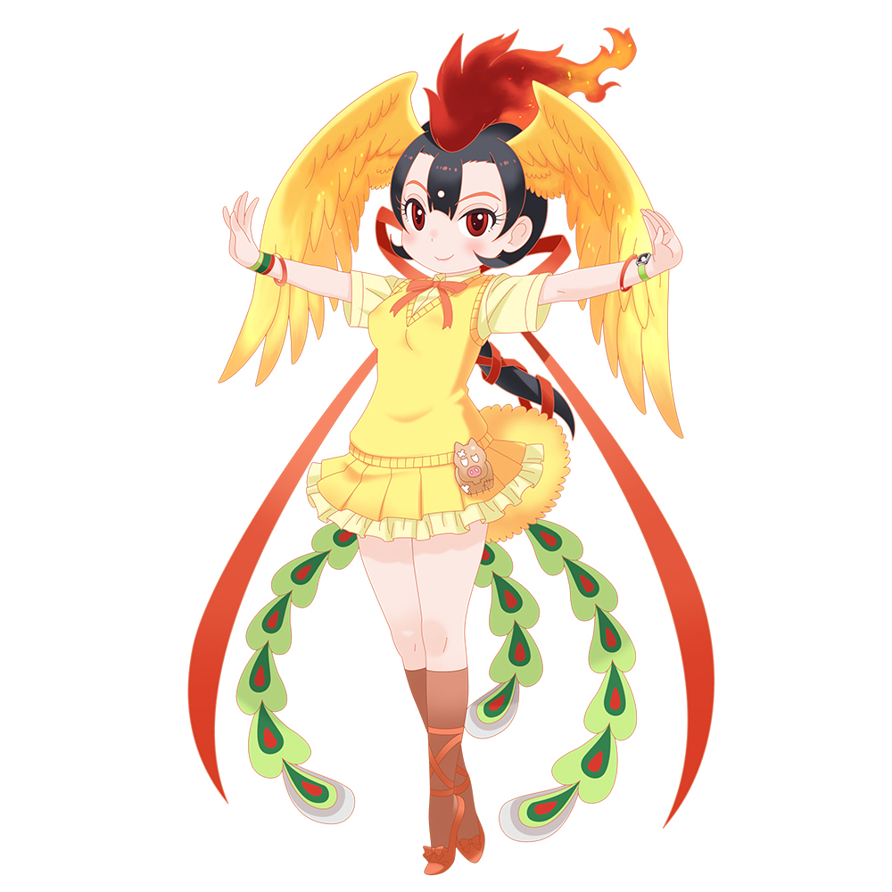 bird_girl bird_tail bird_wings bow bowtie game_cg hi_no_tori hi_no_tori_(kemono_friends) kemono_friends kemono_friends_3 official_art school_uniform shirt skirt tachi-e tail tezuka_productions white_background wings yoshizaki_mine_(style)