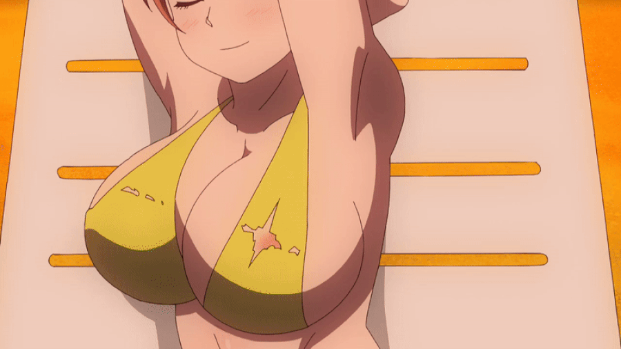 1girl 2024 20s animated animated_gif anime_screenshot beach bikini breasts cleavage closed_eyes earrings elf-san_wa_yaserarenai. glasses huge_breasts ino_akiho jewelry large_breasts lying nipples orange_hair outdoors smile solo sunset swimsuit torn_clothes wardrobe_malfunction yellow_bikini
