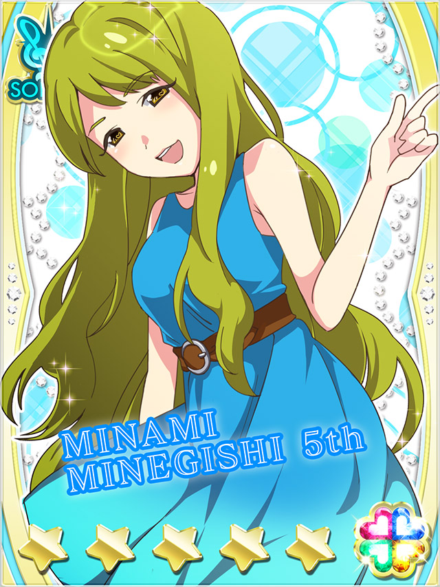 1girl :d akb0048 belt belt_buckle blue_background blue_dress brown_belt buckle card_(medium) character_name dress green_eyes green_hair heart index_finger_raised long_dress long_hair looking_at_viewer minamino_mikako non-web_source official_art open_mouth sleeveless sleeveless_dress smile solo sparkle star_(symbol) teeth three_quarter_view treble_clef upper_teeth_only very_long_hair