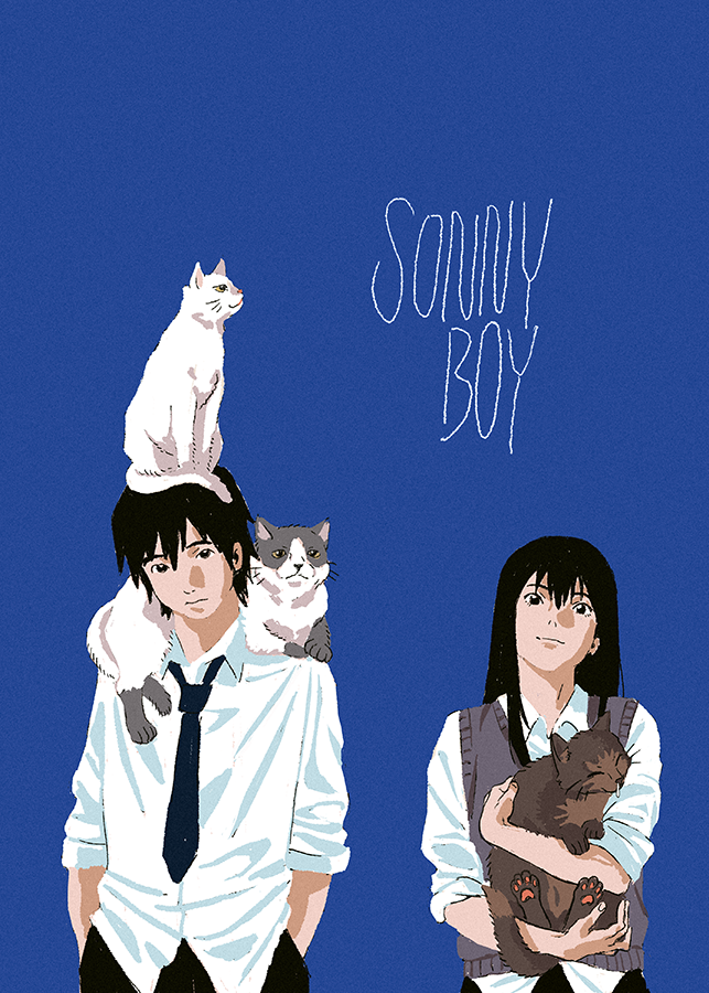1boy 1girl amber389 animal animal_on_head animal_on_shoulder black_eyes black_hair black_necktie black_pants blue_background cat cat_on_head cat_on_shoulder closed_mouth collared_shirt copyright_name cowboy_shot expressionless gen_(sonny_boy) hands_in_pockets head_tilt holding holding_animal holding_cat long_hair looking_at_viewer mizuho_(sonny_boy) nagara_(sonny_boy) necktie on_head pants sakura_(sonny_boy) shirt short_hair side-by-side simple_background sleeves_rolled_up smile sonny_boy sweater_vest tora_(sonny_boy) white_shirt
