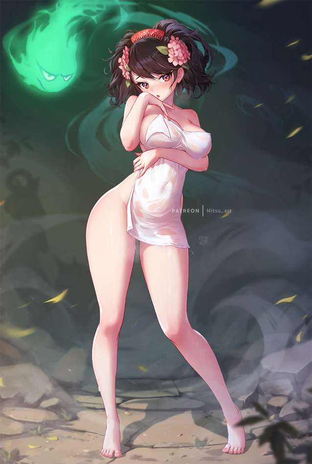 1girl barefoot black_hair blush breasts brown_eyes comb covered_navel flower full_body hair_flower hair_ornament hitodama large_breasts mitsu_(mitsu_art) momohime naked_towel oboro_muramasa open_mouth standing towel