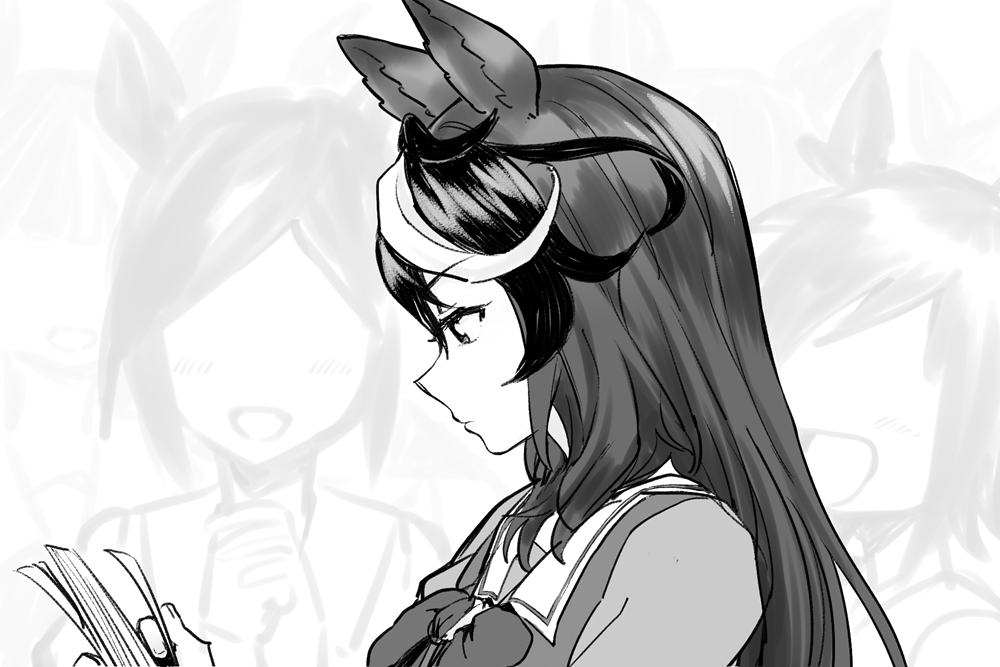 3girls animal_ears bow bowtie closed_mouth faceless faceless_female from_side greyscale holding holding_paper horse_ears long_hair monochrome multiple_girls okachi paper sailor_collar school_uniform short_hair solo_focus symboli_rudolf_(umamusume) tracen_school_uniform umamusume upper_body