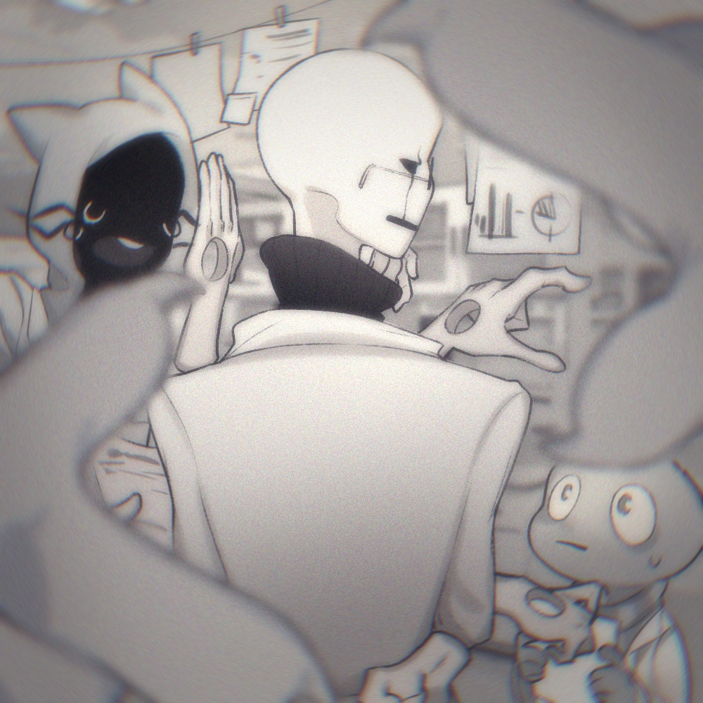 1boy 2others :| animal_hood blurry blurry_foreground chinese_commentary closed_mouth coat commentary_request expressionless extra_arms film_grain finger_frame fingernails from_behind gaster_follower_2 gaster_follower_3 greyscale holding holding_paper hole_in_hand hood hood_up indoors lazy_kun male_focus monochrome multiple_others open_mouth out_of_frame paper profile sharp_fingernails sweatdrop turtleneck undertale upper_body w.d._gaster