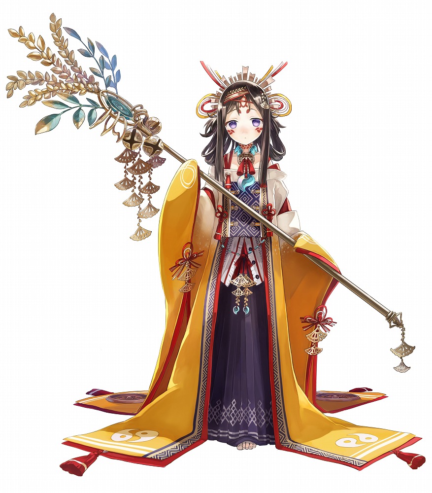 1girl black_hair facial_mark forehead_mark full_body furisode hair_ornament hair_over_shoulder hakama hakama_skirt himiko_(shinobi_nightmare) holding holding_staff japanese_clothes jewelry kimono long_hair long_skirt looking_at_viewer magatama magatama_necklace miko necklace no_shoes no_socks official_art purple_eyes purple_skirt shinobi_nightmare simple_background skirt sleeves_past_fingers sleeves_past_wrists solo staff standing straight-on third-party_source two-handed watarubou white_background