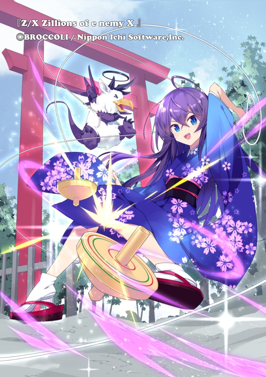 1girl ahoge bird blue_eyes blue_kimono copyright_notice floral_print floral_print_kimono hair_between_eyes highres holding holding_string japanese_clothes kamiyugi_yachiyo kimono kuro_work official_art open_mouth outdoors print_kimono purple_hair sandals socks sparkle spinning_top string teeth torii upper_teeth_only white_socks z/x zouri