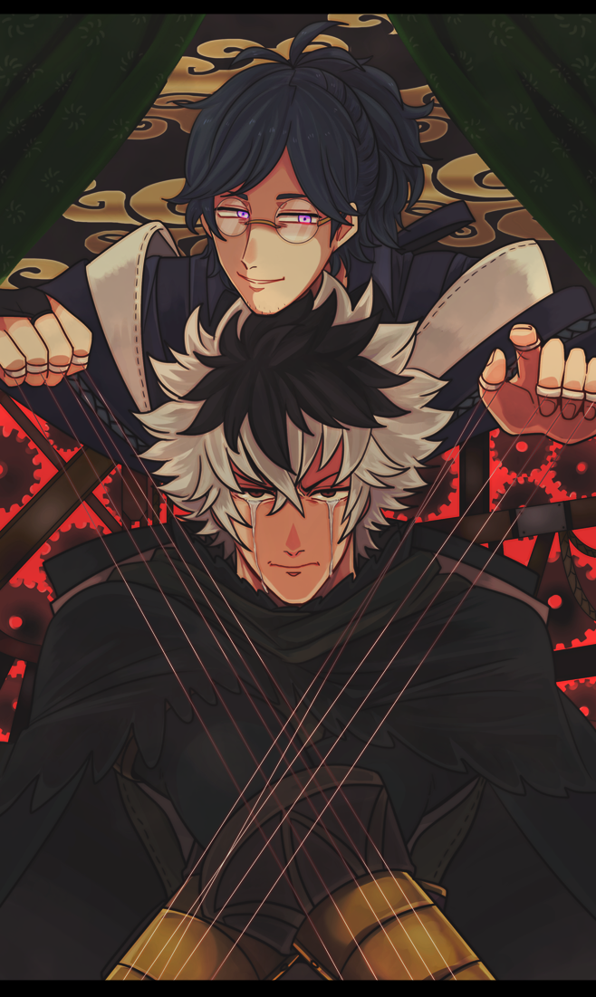 2boys bad_id bad_pixiv_id beard black_hair blue_hair brown_eyes crying facial_hair fire_emblem fire_emblem_fates glasses male_focus multicolored_hair multiple_boys nintendo ponytail purple_eyes shura_(fire_emblem) soumu two-tone_hair white_hair yukimura_(fire_emblem)