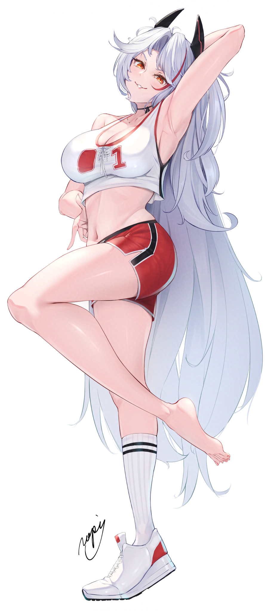 1girl arm_behind_head armpits azur_lane bare_shoulders barefoot breasts cleavage cropped_shirt from_below from_side full_body grin hand_on_own_stomach highres legs long_hair looking_at_viewer looking_back looking_down medium_breasts midriff multicolored_hair navel orange_eyes prinz_eugen_(azur_lane) prinz_eugen_(brilliant_touchdown)_(azur_lane) red_hair ropi_(yyuichi29) shirt single_bare_leg sleeveless sleeveless_shirt smile solo standing standing_on_one_leg stomach streaked_hair thighs tiptoes two-tone_hair very_long_hair white_hair white_shirt