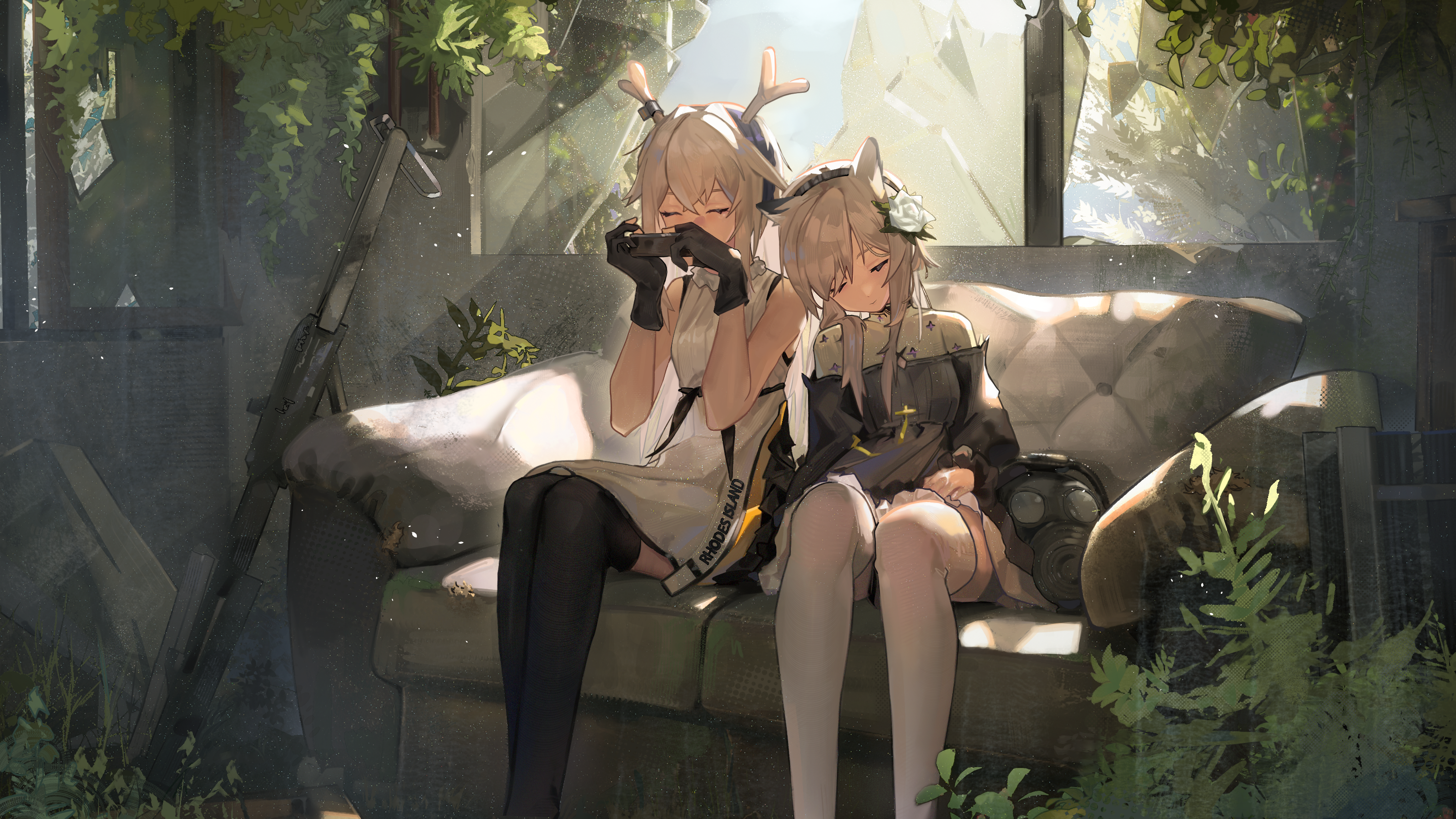 2girls absurdres animal_ears antlers arknights black_dress black_gloves black_thighhighs broken_window brown_hair bush closed_eyes commentary_request couch dress feet_out_of_frame firewatch_(arknights) firewatch_(wilted_cypress)_(arknights) gas_mask gloves harmonica head_on_another&#039;s_shoulder heavyrain_(arknights) heavyrain_(tranquil_moss)_(arknights) highres horns indoors instrument mask multiple_girls music off_shoulder playing_instrument shirt slice_of_life thighhighs undershirt verniy_(tony52911856) weapon white_dress white_shirt white_thighhighs