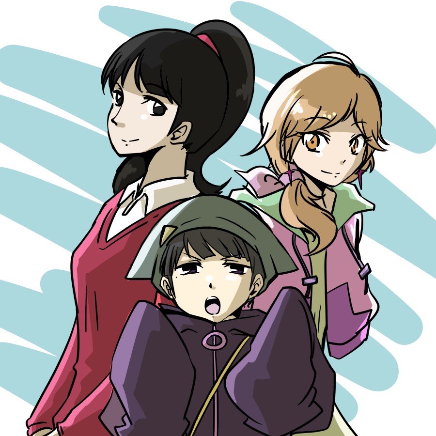 3girls black_hair blonde_hair digimon digimon_survive kimishima_saki multiple_girls open_mouth shibuya_aoi shinonome_miu smile