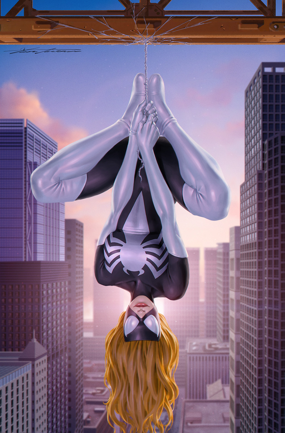 1girl black_bodysuit blonde_hair bodysuit boots breasts building city day elbow_gloves gloves highres julia_carpenter long_hair looking_at_viewer marvel mask medium_breasts outdoors signature skyscraper solo spider-man_(series) spider-woman thigh_boots two-tone_bodysuit upside-down white_bodysuit white_boots white_gloves yoon_junggeun