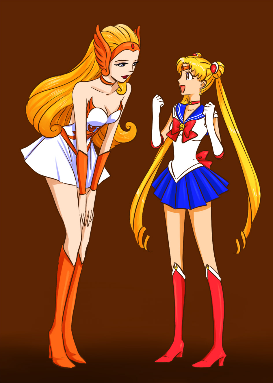 2girls bare_shoulders bishoujo_senshi_sailor_moon blonde_hair blue_eyes blue_sailor_collar blue_skirt boots breasts brooch brown_background choker cleavage clenched_hands crescent crescent_earrings crossover double_bun dress earrings elbow_gloves full_body gloves hair_bun hair_ornament happy headgear high_heel_boots high_heels highres jewelry leaning leaning_forward lipstick lisginka long_hair magical_girl makeup masters_of_the_universe medium_breasts miniskirt multiple_girls neck necklace open_mouth orange_boots pleated_skirt red_footwear red_lips ribbon sailor_collar sailor_moon she-ra_(character)_(princess_of_power) she-ra_princess_of_power simple_background size_difference skirt smile standing strapless strapless_dress tiara triangle_mouth tsukino_usagi twintails vambraces very_long_hair white_gloves