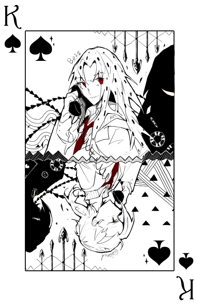 1boy arrow_(projectile) card_(medium) collared_jacket collared_shirt corded_phone diavolo dinned evil_smile eyes_visible_through_hair from_side greyscale holding holding_phone jacket jojo_no_kimyou_na_bouken king_(playing_card) king_of_spades lapels long_hair looking_at_viewer low_ponytail male_focus monochrome multiple_views necktie notched_lapels open_clothes open_jacket parted_bangs parted_lips phone pinstripe_pattern pinstripe_shirt ponytail red_eyes red_necktie shadow shirt sidelocks smile spot_color talking_on_phone vinegar_doppio