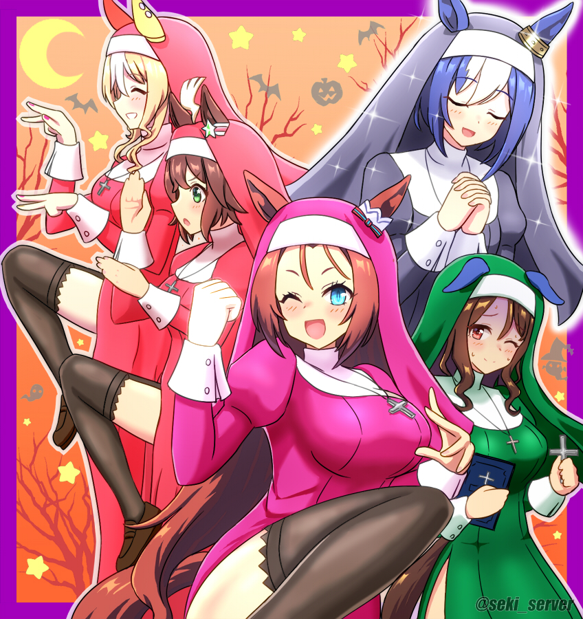 5girls animal_ears blonde_hair blue_eyes blue_hair blurry blush breasts brown_hair cesario_(umamusume) closed_eyes closed_mouth collarbone cross cross_necklace fusaichi_pandora_(umamusume) halloween_costume horse_ears horse_girl jewelry kawakami_princess_(umamusume) king_halo_(umamusume) large_breasts long_hair multiple_girls necklace nun one_eye_closed own_hands_clasped own_hands_together rhein_kraft_(umamusume) scared seki_(hyokosho) thighhighs twitter_username umamusume