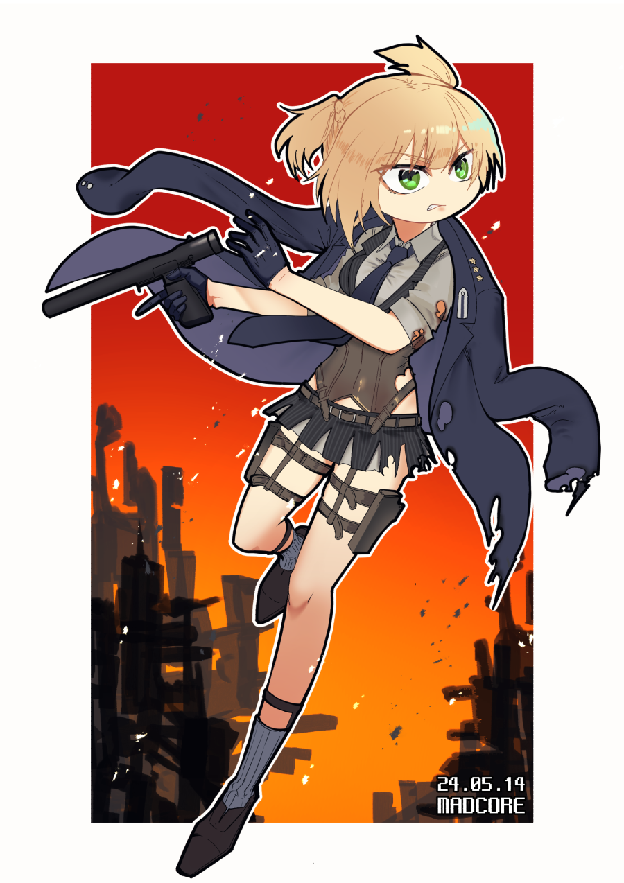 1girl artist_name black_shoes blonde_hair blue_necktie bolt_action border braid breasts burnt_clothes clenched_teeth commentary_request commission corset dated embers full_body girls&#039;_frontline gloves green_eyes grey_shirt grey_socks gun half_gloves handgun highres holding holding_gun holding_weapon holster integral_suppressor integrally-suppressed_firearm jacket jacket_on_shoulders korean_commentary looking_to_the_side madcore medium_breasts necktie parted_lips pinstripe_pattern pinstripe_skirt pinstripe_vest pistol pixiv_commission shirt shoes short_hair short_twintails skirt sleeves_rolled_up socks solo standing standing_on_one_leg star_(symbol) striped_clothes striped_vest suppressor teeth thigh_holster torn_clothes torn_jacket torn_skirt trigger_discipline twintails v-shaped_eyebrows vertical-striped_clothes vertical-striped_vest vest weapon welrod welrod_mkii_(girls&#039;_frontline) white_border