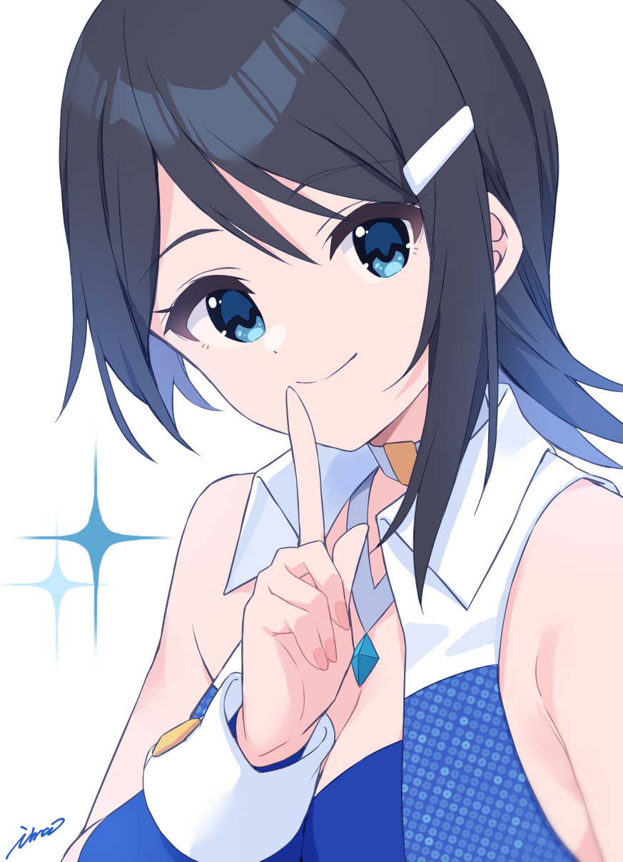 1girl artist_name bare_shoulders black_hair blue_eyes breasts choker cleavage closed_mouth detached_sleeves dot_nose eyelashes finger_to_mouth hair_ornament highres idolmaster idolmaster_dearly_stars ima_(lm_ew) large_breasts light_smile looking_at_viewer mizutani_eri parted_bangs shirt short_hair sidelocks simple_background sleeveless sleeveless_shirt solo upper_body white_background