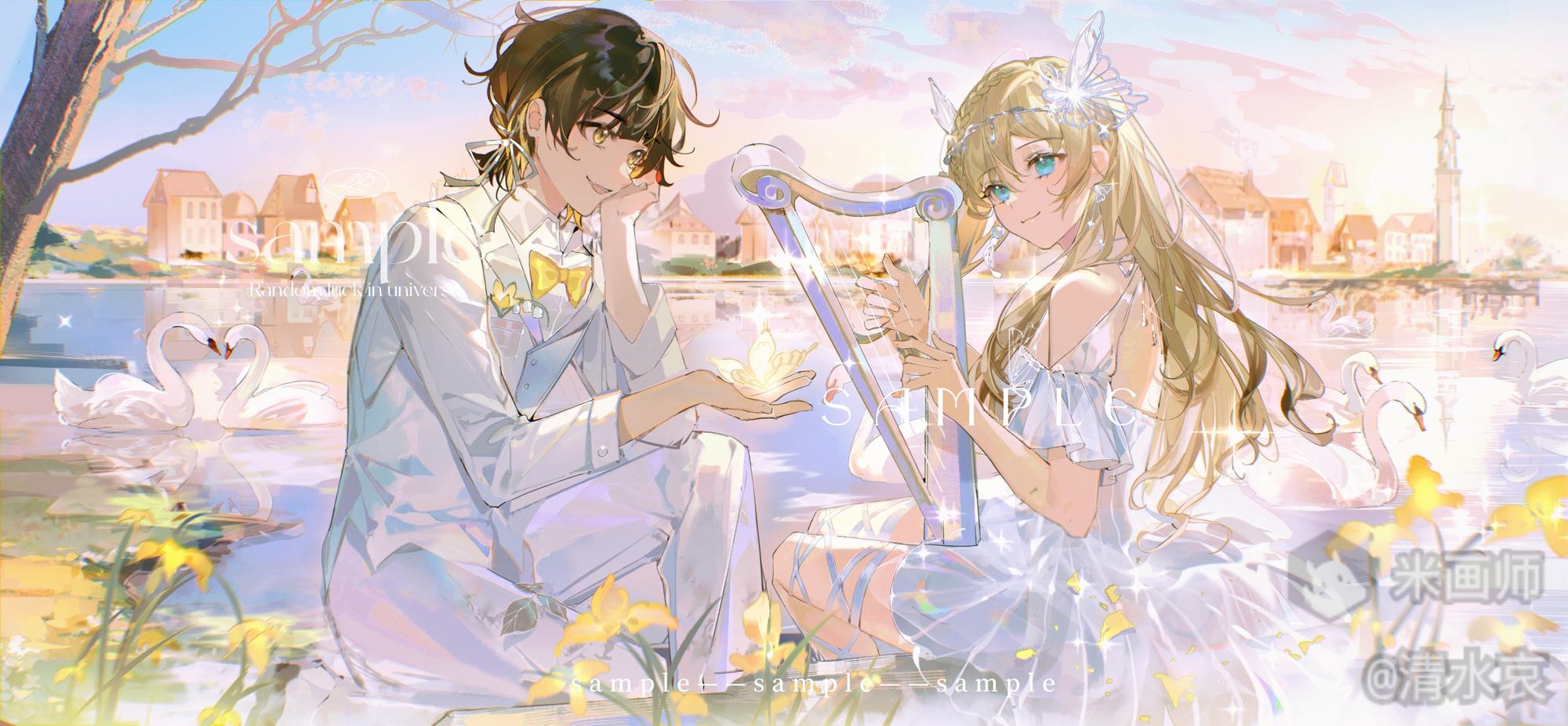 1boy 1girl bare_shoulders bird black_hair blonde_hair blue_eyes bow bowtie brown_hair dress earrings flower formal_clothes hair_ornament harp highres instrument jacket jewelry long_hair looking_at_viewer original outdoors pants qingshui_ai shirt short_hair sitting sky smile suit tree vest white_dress white_jacket white_pants yellow_eyes