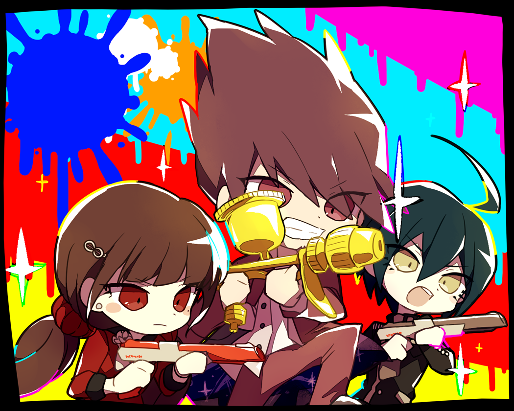 1girl 2boys ahoge aiming black_border black_jacket black_sailor_collar blue_hair blunt_bangs blush_stickers border brown_hair buttons chibi closed_mouth coat coat_partially_removed collared_jacket colorful commentary_request danganronpa_(series) danganronpa_v3:_killing_harmony determined dripping earrings eyelashes flower flower_brooch grin gun hair_between_eyes hair_ornament hairclip harukawa_maki high_collar holding holding_gun holding_weapon infinity_symbol jacket jewelry leg_up light_frown long_hair long_sleeves looking_ahead low_twintails mole mole_under_eye momota_kaito multicolored_background multiple_boys open_clothes open_jacket open_mouth paint_gun paint_splatter pants pocket purple_coat purple_eyes purple_hair purple_pants red_eyes red_shirt rose ruri_(2620981) saihara_shuichi sailor_collar school_uniform serafuku shirt short_hair slippers smile space_print sparkle spiked_hair starry_sky_print stud_earrings teeth twintails two-sided_coat two-sided_fabric upper_teeth_only v-shaped_eyebrows very_long_hair weapon weapon_request white_flower white_footwear white_jacket white_rose white_shirt yellow_eyes