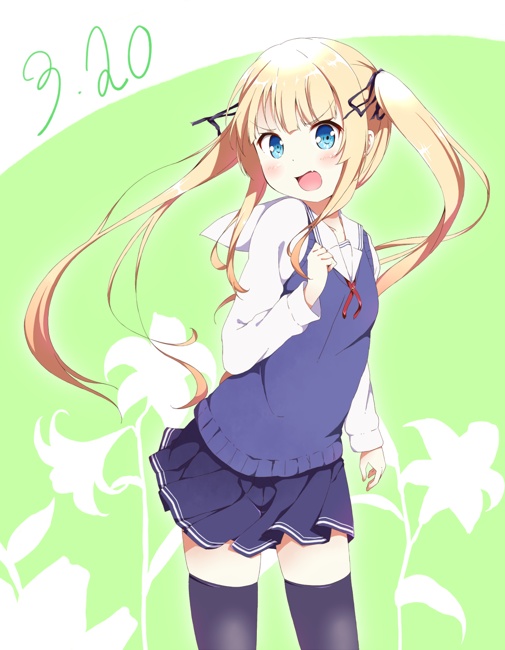 1girl black_ribbon black_thighhighs blonde_hair blue_eyes blue_skirt blue_sweater_vest blush dated fang floral_background green_background hair_ribbon highres long_hair long_sleeves looking_at_viewer miniskirt open_mouth pleated_skirt ribbon saenai_heroine_no_sodatekata sawamura_spencer_eriri school_uniform shirt skin_fang skirt solo standing sweater_vest thighhighs toma_(shinozaki) toyogasaki_academy_school_uniform twintails white_shirt zettai_ryouiki