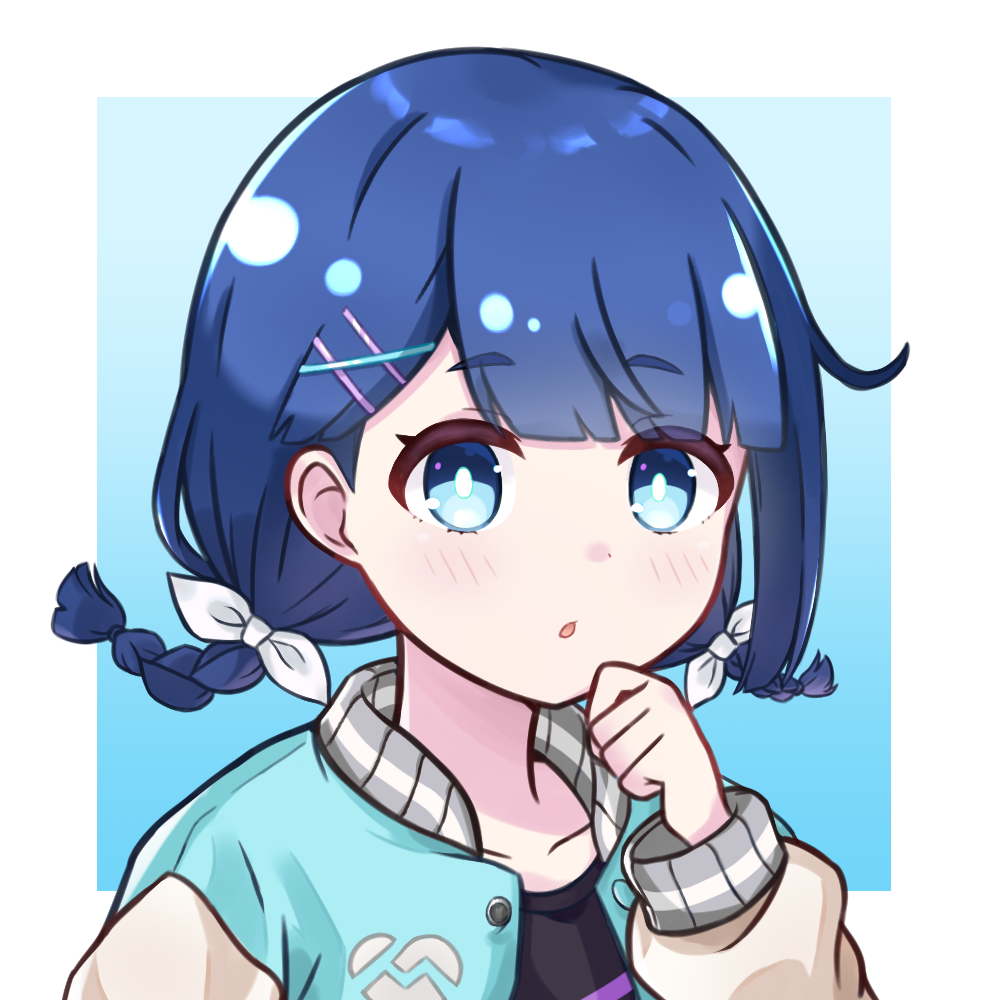 1girl :o black_shirt blue_background blue_eyes blue_hair blush border bow braid clenched_hand collarbone commentary_request hair_bow hair_ornament hand_up iwamotochou_geinousha ixia_(ixia424) jacket letterman_jacket long_sleeves looking_at_viewer marpril open_clothes open_jacket outside_border shirt short_hair solo twin_braids upper_body virtual_youtuber white_border white_bow yata_touka