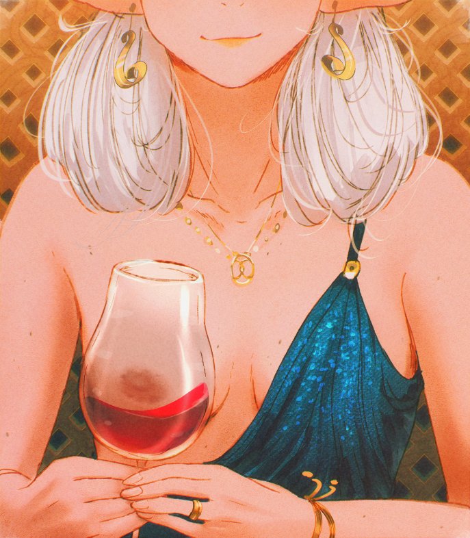 1girl asimov_(spindle_(aidenr0)) blank_stare blue_dress bracelet breasts commentary convenient_censoring cup dress drinking_glass earrings elf english_commentary freckles gold_bracelet gold_earrings gold_necklace jewelry lipstick makeup medium_breasts mole mole_on_breast necklace nipples original ottilie_(spindle_(aidenr0)) pointy_ears reflection ring smirk spindle_(aidenr0) staring white_hair wine_glass