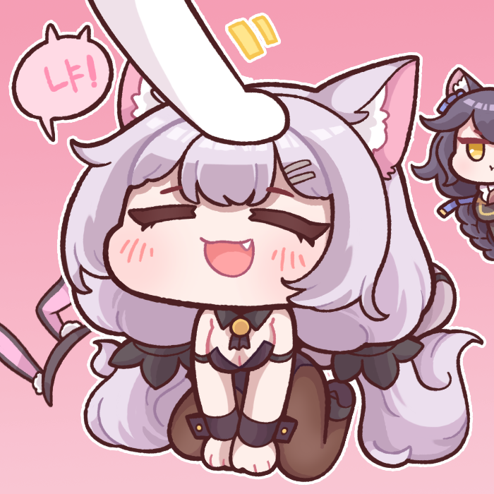 2girls :3 =_= animal_ear_fluff animal_ears black_legwear blush breasts bulga cat_ears cat_tail chibi cleavage closed_eyes fang gradient_background hair_ornament hairclip headpat high_heels last_origin multiple_girls open_mouth out_of_frame pantyhose perrault_(last_origin) poi_(last_origin) pout silver_hair simple_background smile tail twintails wrist_cuffs yellow_eyes