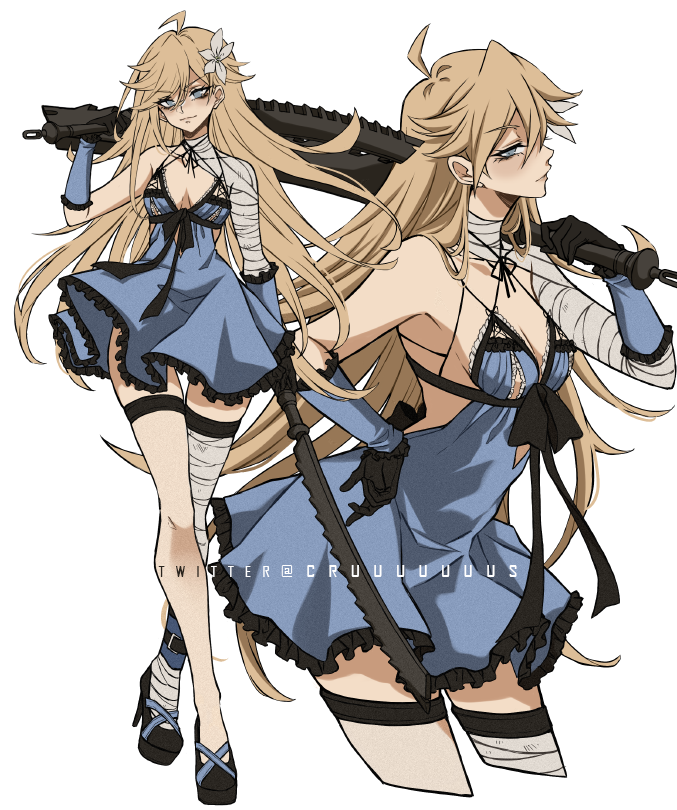 1girl ahoge bandaged_arm bandaged_leg bandages bare_shoulders black_footwear black_gloves blonde_hair blue_dress breasts cleavage cosplay criis-chan detached_sleeves dress frilled_sleeves frills gloves hand_on_own_hip high_heels holding holding_sword holding_weapon kaine_(nier) kaine_(nier)_(cosplay) leaning_forward long_hair medium_breasts multiple_views panty_&amp;_stocking_with_garterbelt panty_(psg) sword weapon