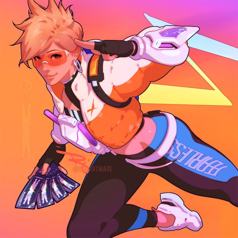 1girl alternate_hair_color black_gloves blonde_hair chinese_text closed_mouth earrings fingerless_gloves gloves holding holding_ticket jacket jewelry le_sserafim looking_at_viewer midriff official_alternate_costume orange_goggles overwatch overwatch_1 overwatch_2 shoes short_hair simplified_chinese_text sneakers solo the_art_mage ticket tight_clothes tracer_(overwatch) traysi_tracer upper_body white_shoes