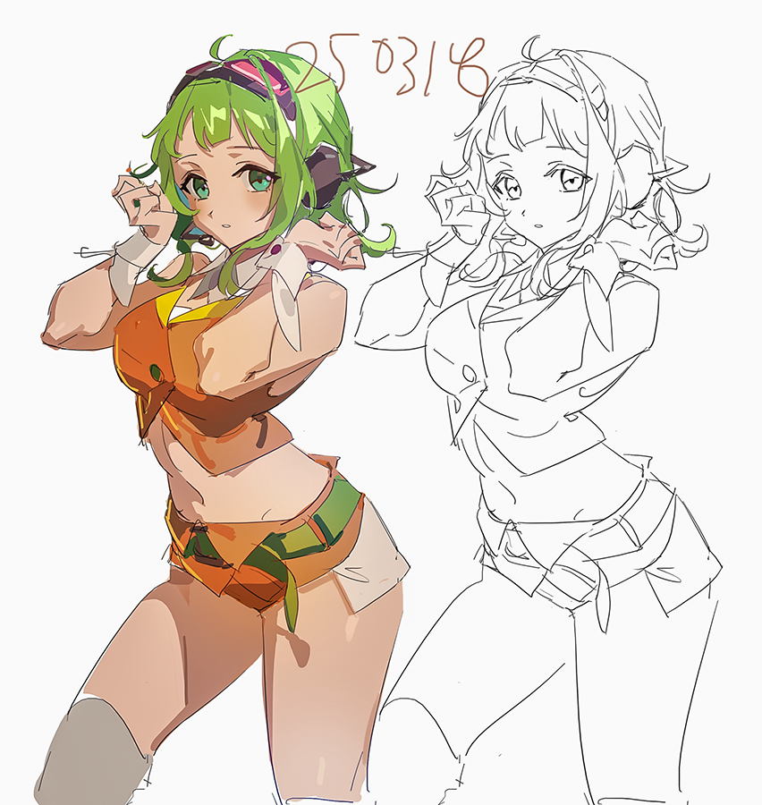 1girl crop_top green_eyes green_hair gumi haun headphones navel shorts sketch sleeveless vocaloid wrist_cuffs