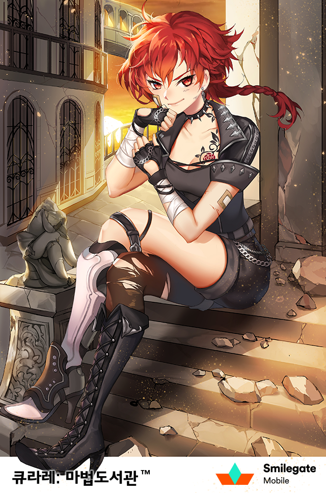 &gt;:) 1girl ahoge arms_up asymmetrical_footwear asymmetrical_legwear bandaged_arm bandages bandaid bandaid_on_arm bandaid_on_face belt black_belt black_boots black_collar black_gloves black_pantyhose black_shirt black_shorts boots braid breast_tattoo breasts building chain cleavage closed_mouth collar collarbone company_name copyright_name cross-laced_clothes crossed_legs cuts dirty dirty_face earrings eyelashes eyes_visible_through_hair female_focus fingerless_gloves full_body glint gloves hair_between_eyes hand_on_own_chin high_heel_boots high_heels injury jacket jewelry knee_boots korean_text lace-up_boots large_breasts leather leather_jacket light_particles lips long_hair looking_at_viewer mismatched_footwear muse_(rainforest) official_art orange_sky original outdoors pantyhose qurare_magic_library railing red_eyes red_hair rubble ruins shirt short_sleeves shorts single_braid single_leg_pantyhose sitting sky sleeve_cuffs sleeves_rolled_up smile smirk solo spiked_collar spikes sun sunlight sunset tattoo text_focus torn_clothes torn_pantyhose uneven_legwear v-shaped_eyebrows vulcan_(qurare) white_boots