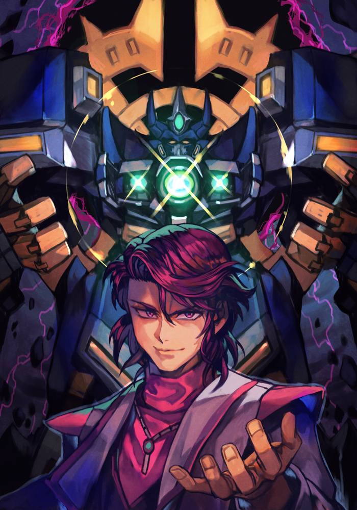 1boy floating_hair hungry_clicker jacket jewelry male_focus mecha necklace neo_granzon open_hand pink_sweater purple_eyes purple_hair robot science_fiction shuu_shirakawa smile super_robot super_robot_wars super_robot_wars_original_generation sweater turtleneck white_jacket yellow_eyes