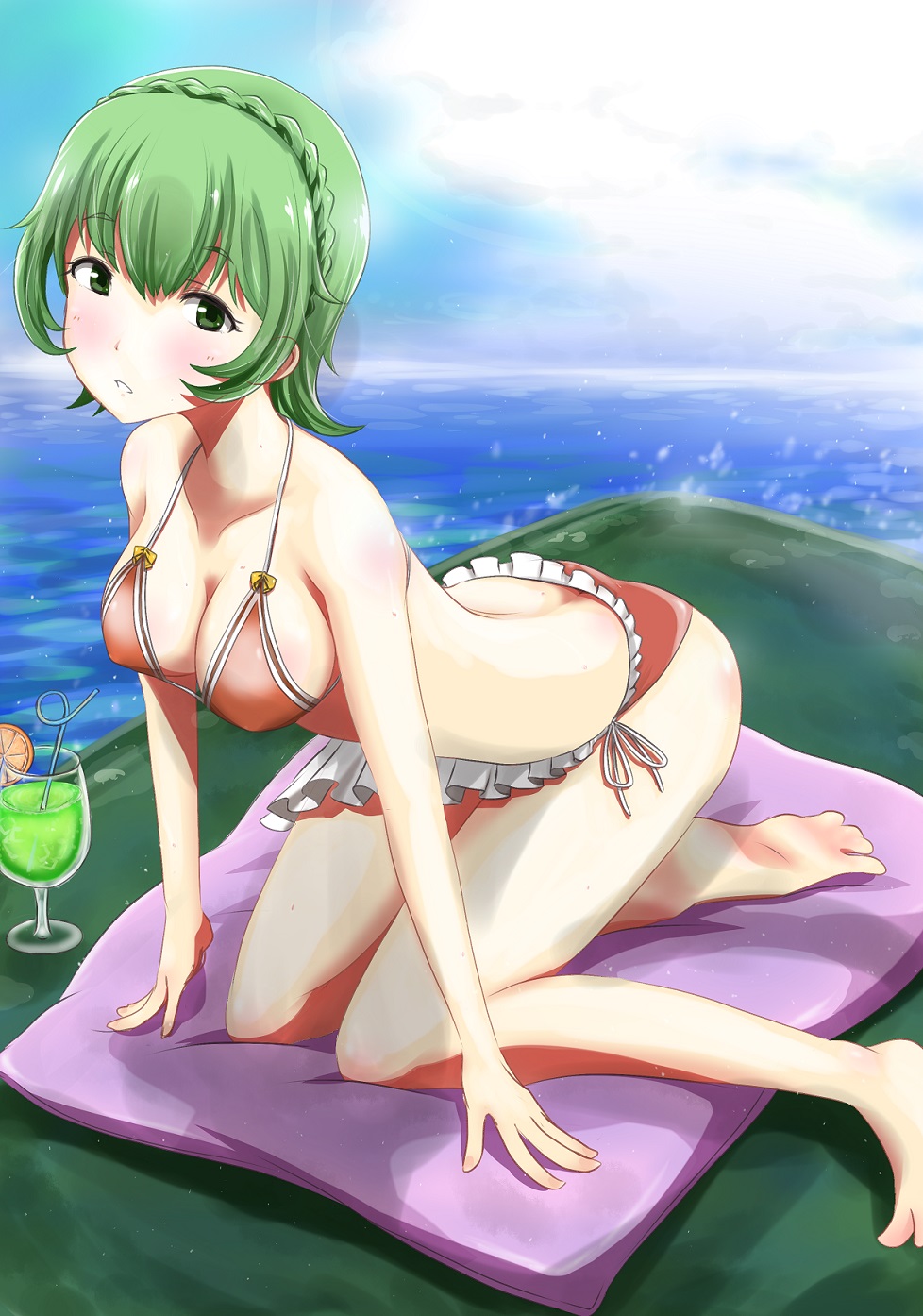 10s 1girl all_fours aoki_hagane_no_arpeggio ass bikini cushion drink female_focus green_eyes green_hair highres ju_(old505) nachi_(aoki_hagane_no_arpeggio) short_hair solo swimsuit