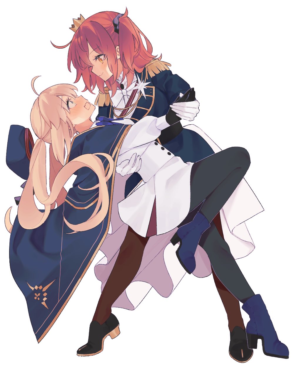 2girls ahoge aiguillette artoria_caster_(fate) artoria_caster_(second_ascension)_(fate) artoria_pendragon_(fate) black_footwear black_gloves black_pantyhose black_scrunchie blonde_hair blue_cape blue_footwear blue_headwear blue_jacket blush bow bowtie brown_legwear buttons cape closed_mouth commentary_request crown dancing dress epaulettes fate/grand_order fate_(series) fujimaru_ritsuka_(female) fujimaru_ritsuka_(female)_(halloween_royalty) full_body gloves gold_trim green_eyes hair_ornament hair_scrunchie hand_on_another&#039;s_hip hat highres holding_hands jacket long_hair long_sleeves looking_at_another mini_crown multiple_girls open_mouth orange_eyes orange_hair pantyhose ponytail profile scrunchie shirt short_hair side_ponytail simple_background twintails unworn_headwear uxco0 white_background white_bow white_dress white_gloves white_shirt yuri