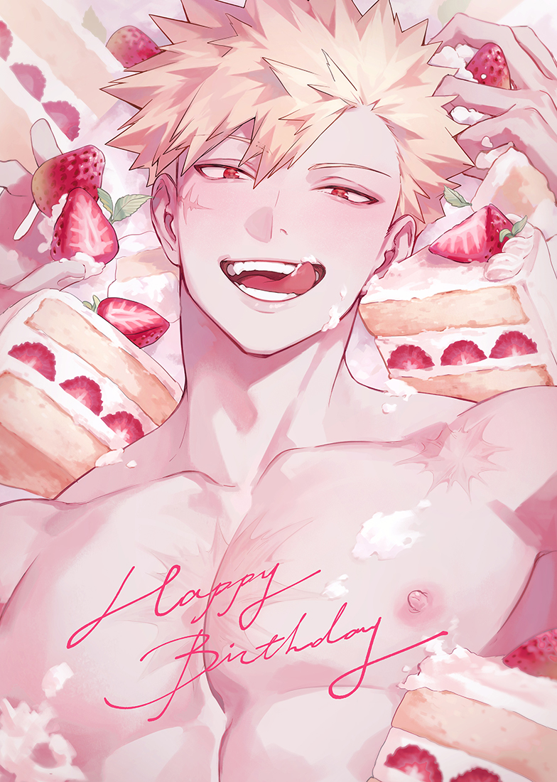 1boy abs arm_up bakugou_katsuki blonde_hair boku_no_hero_academia cake cake_slice collarbone commentary english_commentary english_text facial_scar food food_on_body food_on_face fruit happy_birthday icing icing_on_body icing_on_face licking_lips looking_at_viewer lycik_98 male_focus nipples open_mouth pectorals scar scar_on_cheek scar_on_face scar_on_shoulder short_hair solo spiked_hair strawberry strawberry_slice teeth toned toned_male tongue tongue_out topless_male upper_body