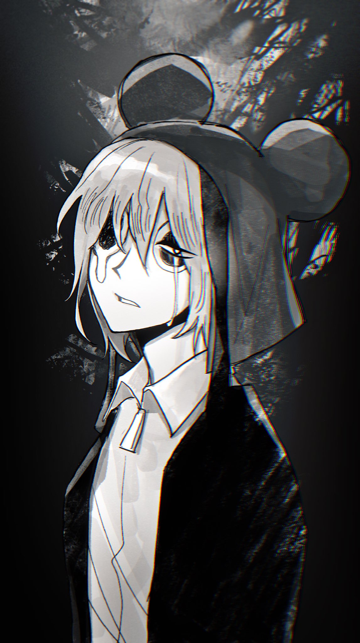 1boy crying crying_with_eyes_open forest greyscale highres jacket looking_at_viewer male_focus monochrome mouse_hat nature outdoors parted_lips pest_fox present_day_problem_takeuchi_robert randal&#039;s_friends short_hair solo tears upper_body