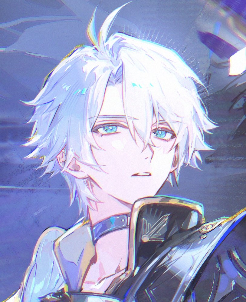 1boy antenna_hair armor black_choker black_shirt blue_eyes choker honkai:_star_rail honkai_(series) looking_to_the_side male_focus parted_bangs parted_lips pauldrons phainon_(honkai:_star_rail) portrait renjian_shilian shirt short_hair shoulder_armor single_pauldron solo white_hair