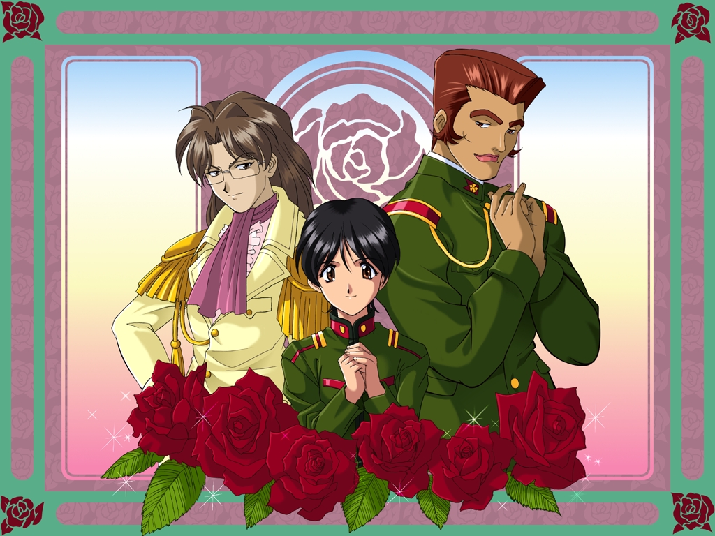 3boys abstract_background ahoge aiguillette androgynous black_hair border brown_eyes brown_hair buttons center_frills cheekbones collar collared_jacket epaulettes fingernails flattop floral_background flower flower_symbol frills gold_buttons gradient_background green_border green_collar green_jacket green_sleeve_cuffs green_sleeves hair_between_eyes hand_on_own_hip height_difference jacket leaf light_brown_hair long_hair looking_at_viewer mandarin_collar military_jacket military_uniform multiple_boys non-web_source official_art official_wallpaper oka_kikunojou ota_yokihiko own_hands_together parted_bangs parted_lips pink_lips pink_undershirt plain_epaulettes pocket purple_scarf red_collar red_flower red_rose rimless_eyewear rose rose_background sakura_taisen sakura_taisen_ii scarf seiryuuin_kotone short_hair sleeve_cuffs smile tan thick_eyebrows trap v-shaped_eyebrows yamaguchi_yasushi yellow_collar yellow_jacket yellow_sleeves
