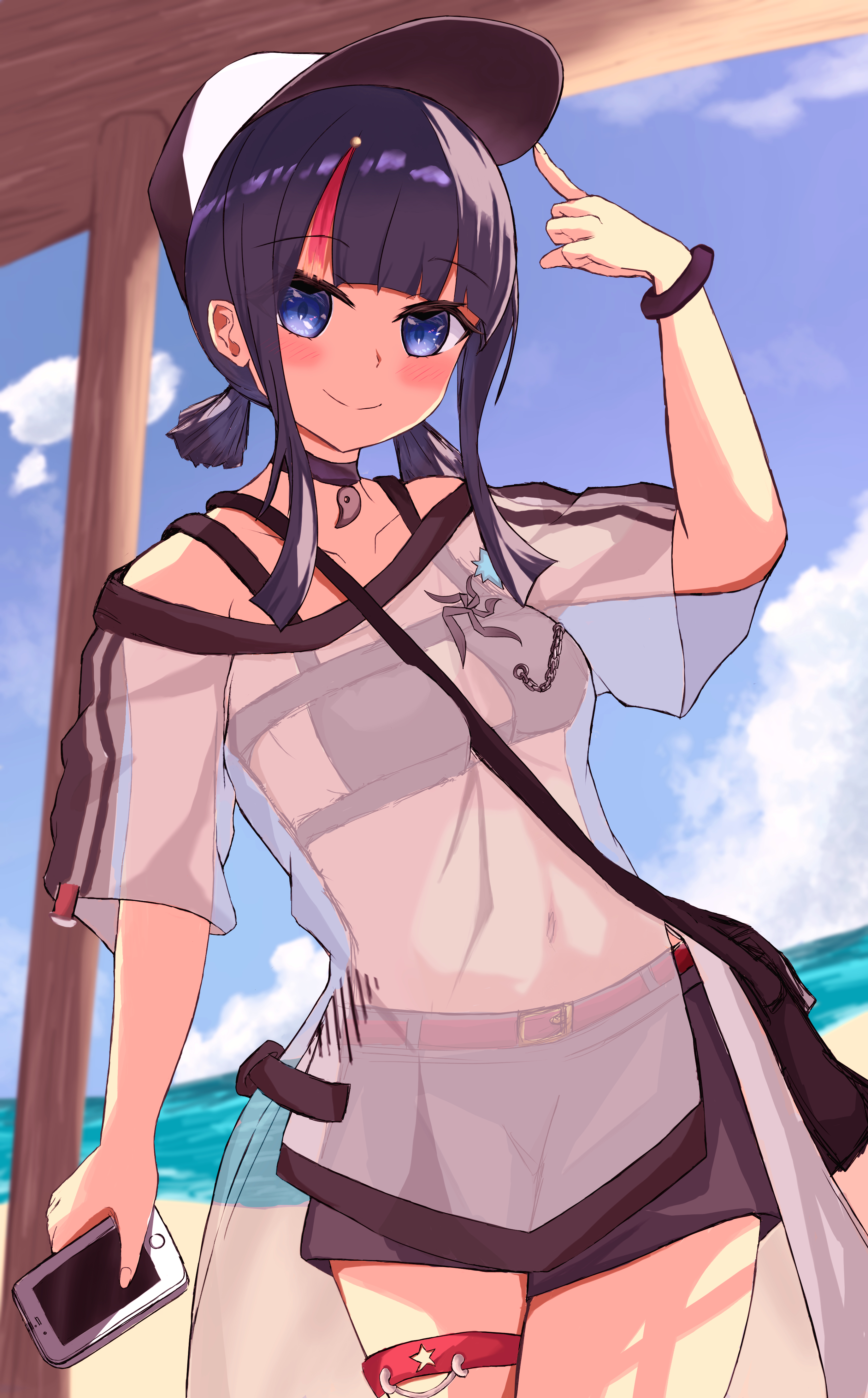 1girl absurdres bare_shoulders baseball_cap beach bikini bikini_under_clothes black_bikini black_hair black_shorts blue_eyes blue_sky blush breasts cellphone choker collarbone fate/grand_order fate_(series) hat highres looking_at_viewer low_twintails medium_breasts medium_hair mitsuzuki_(ksvy3542) multicolored_hair off-shoulder_shirt off_shoulder phone pink_hair see-through_clothes shirt shore short_shorts short_sleeves short_twintails shorts sidelocks sky smile solo streaked_hair swimsuit thigh_strap thighs twintails utsumi_erice utsumi_erice_(swimsuit_avenger) utsumi_erice_(swimsuit_avenger)_(first_ascension) white_hat white_shirt
