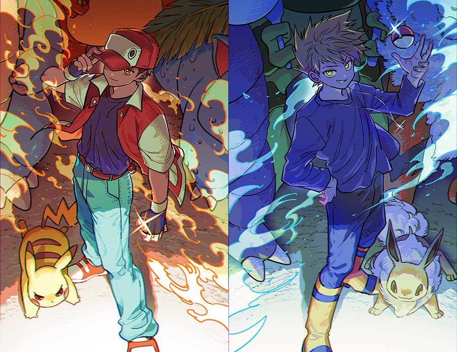 2boys alakazam arcanine blastoise blue_oak boots brown_hair charizard dandalian denim eevee exeggutor fingerless_gloves from_above game_freak gen_1_pokemon gloves green_eyes hand_on_own_hip hat holding holding_poke_ball jeans long_sleeves looking_at_viewer multiple_boys nintendo pants pikachu poke_ball pokemon pokemon_(creature) pokemon_rgby red_(pokemon) red_eyes shirt_tucked_in short_sleeves smile smirk smoke spiked_hair venusaur