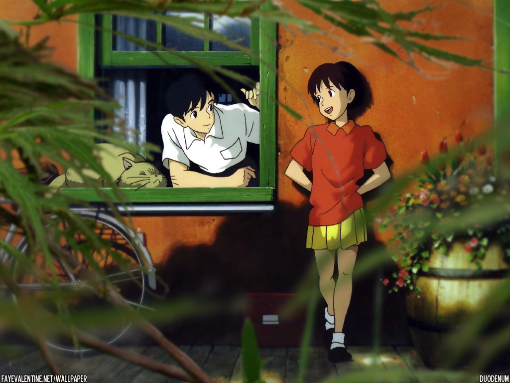 1990s_(style) 1boy 1girl amasawa_seiji barrel bicycle cat eye_contact leaning looking_at_another looking_outside mimi_wo_sumaseba open_window red_shirt retro_artstyle shirt skirt standing studio_ghibli tsukishima_shizuku watermark white_shirt window yellow_skirt