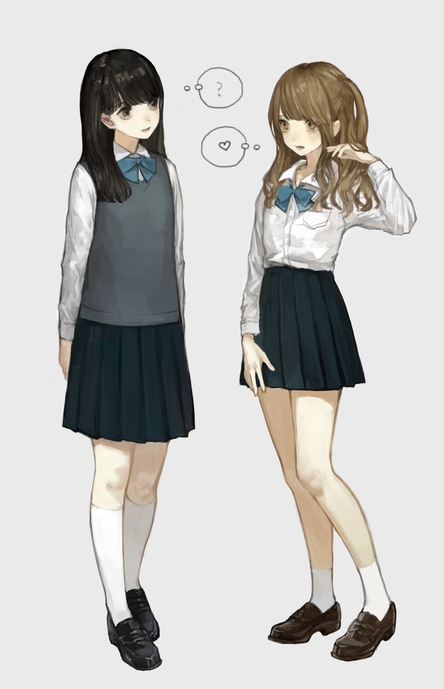 2girls ? ankle_socks black_eyes black_footwear black_hair black_skirt blue_bow blue_bowtie bow bowtie brown_eyes brown_footwear brown_hair closed_mouth collared_shirt full_body grey_sweater_vest hand_up heart highres kneehighs loafers long_hair long_sleeves looking_at_another lower_teeth_only multiple_girls one_side_up original parted_lips pleated_skirt sakauchi_waka shirt shoes simple_background skirt socks speech_bubble standing sweater_vest teeth thought_bubble white_background white_shirt white_socks