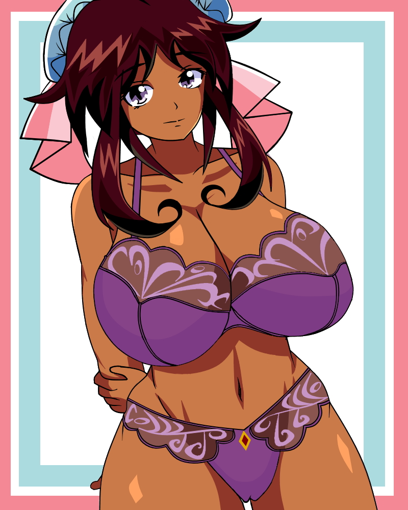 arms_behind_back azielarcangel bow bra breasts brown_hair burn-up burn-up_excess burn-up_w dark_skin double_bun hair_bow hair_bun huge_breasts lingerie nanvel_candlestick panties simple_background solo underwear