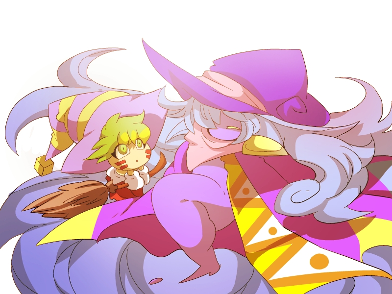 2girls blue_hair broom broom_riding cape closed_eyes colored_eyelashes colored_skin commentary_request cube_hat_ornament curly_hair drawcia eyelashes ghost_tail gloves green_eyes green_hair gryll_(kirby) hair_over_one_eye hat hat_ribbon high_heels holding holding_broom kirby_(series) long_hair marking_on_cheek multiple_girls neckerchief nintendo pink_neckerchief pink_ribbon purple_cape purple_headwear purple_skin red_footwear ribbon shaded_face shirushiki short_hair striped_clothes striped_headwear white_background white_gloves witch_hat yellow_skin