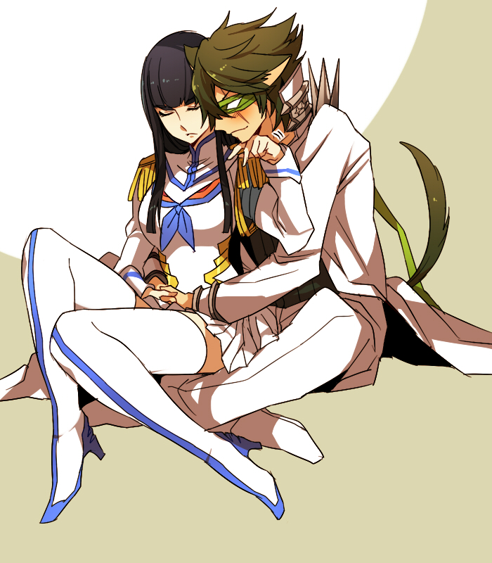 10s 1boy 1girl animal_ears bad_id bad_pixiv_id black_hair blindfold cat_ears cat_tail colored_blindfold green_hair jojo_no_kimyou_na_bouken junketsu kemonomimi_mode kill_la_kill kiryuuin_satsuki long_hair mojya sanageyama_uzu tail
