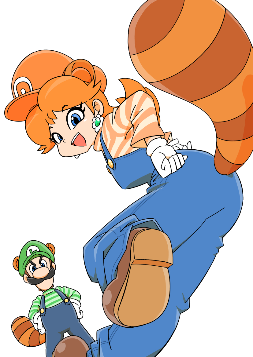 1boy 1girl angry animal_ears ass blue_eyes blue_overalls brown_footwear earrings facial_hair flower_earrings gloves green_hat green_shirt hands_on_own_hips happy hat jewelry junnosu long_sleeves looking_at_viewer looking_back luigi mario_(series) mustache nintendo open_mouth orange_hair orange_hat orange_shirt overalls princess princess_daisy raccoon_ears raccoon_luigi raccoon_tail shirt short_hair smile striped_clothes striped_shirt super_mario_bros._3 tail vertical-striped_clothes vertical-striped_shirt white_background white_gloves