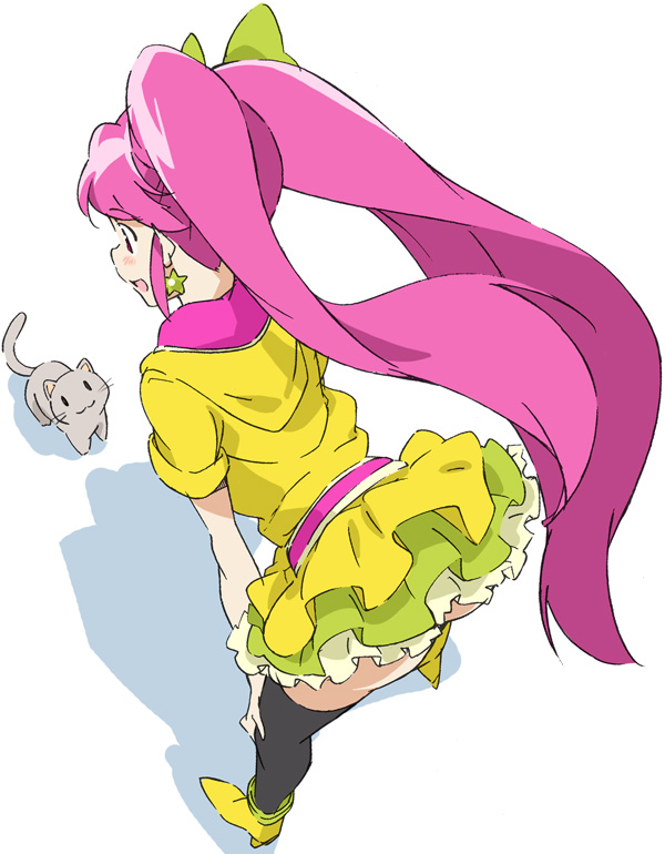 10s 1girl aino_megumi alternate_form asymmetrical_footwear black_thighhighs cat cure_lovely cure_lovely_(lollipop_hip_hop) earrings female_focus frills from_behind full_body happinesscharge_precure! hood hoodie jewelry leaning_forward long_hair mismatched_footwear pink_hair precure shoes skirt smile solo standing star_(symbol) star_earrings thighhighs twintails umanosuke white_background yellow_skirt