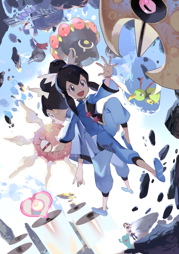 1girl 2boys :d artist_name black_hair blue_footwear blue_jacket blue_pants brother_and_sister chimecho claydol e_volution eyelashes gen_2_pokemon gen_3_pokemon grey_eyes gym_leader hair_bun hair_ribbon jacket liza_(pokemon) lunatone mind_badge multiple_boys nintendo open_mouth pants pokemon pokemon_(creature) pokemon_oras psychic_(pokemon) ribbon rock shoes siblings sidelocks single_hair_bun smile solrock spread_fingers tate_(pokemon) tongue white_ribbon wobbuffet xatu