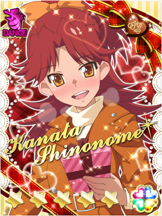 1girl :d akb0048 belt belt_buckle blush bow box breath brown_belt brown_bow brown_jacket buckle candy card_(medium) character_name chocolate chocolate_heart copyright_name dutch_angle food gift gift_box hair_bow heart heart-shaped_food high_ponytail holding holding_gift jacket long_hair looking_at_viewer non-web_source official_art open_mouth plaid_background ponytail red_background red_hair shinonome_kanata smile solo sparkle star_(symbol) teeth upper_body upper_teeth_only
