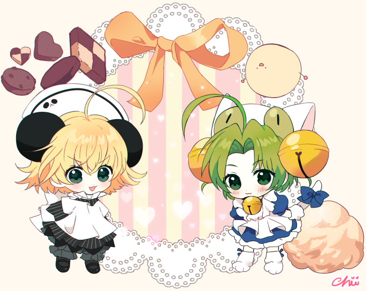 2girls :3 ahoge animal_ears animal_hat apron bell berrypop black_dress black_pantyhose black_shoes blonde_hair bloomers blue_bow blue_dress bow cat_girl cat_hat cat_tail chibi chibi_only commentary_request dejiko di_gi_charat dress extra_ears flipped_hair full_body gema green_eyes green_hair grey_bloomers hair_bell hair_between_eyes hair_ornament hat huge_ahoge jingle_bell long_sleeves mary_janes medium_hair mittens multiple_girls neck_bell nurse_cap open_mouth panda_ears pantyhose parted_bangs paw_shoes piyoko puffy_short_sleeves puffy_sleeves shoes short_sleeves smile standing striped_clothes striped_dress tail tail_bow tail_ornament two_side_up underwear white_apron white_hat white_mittens white_shoes