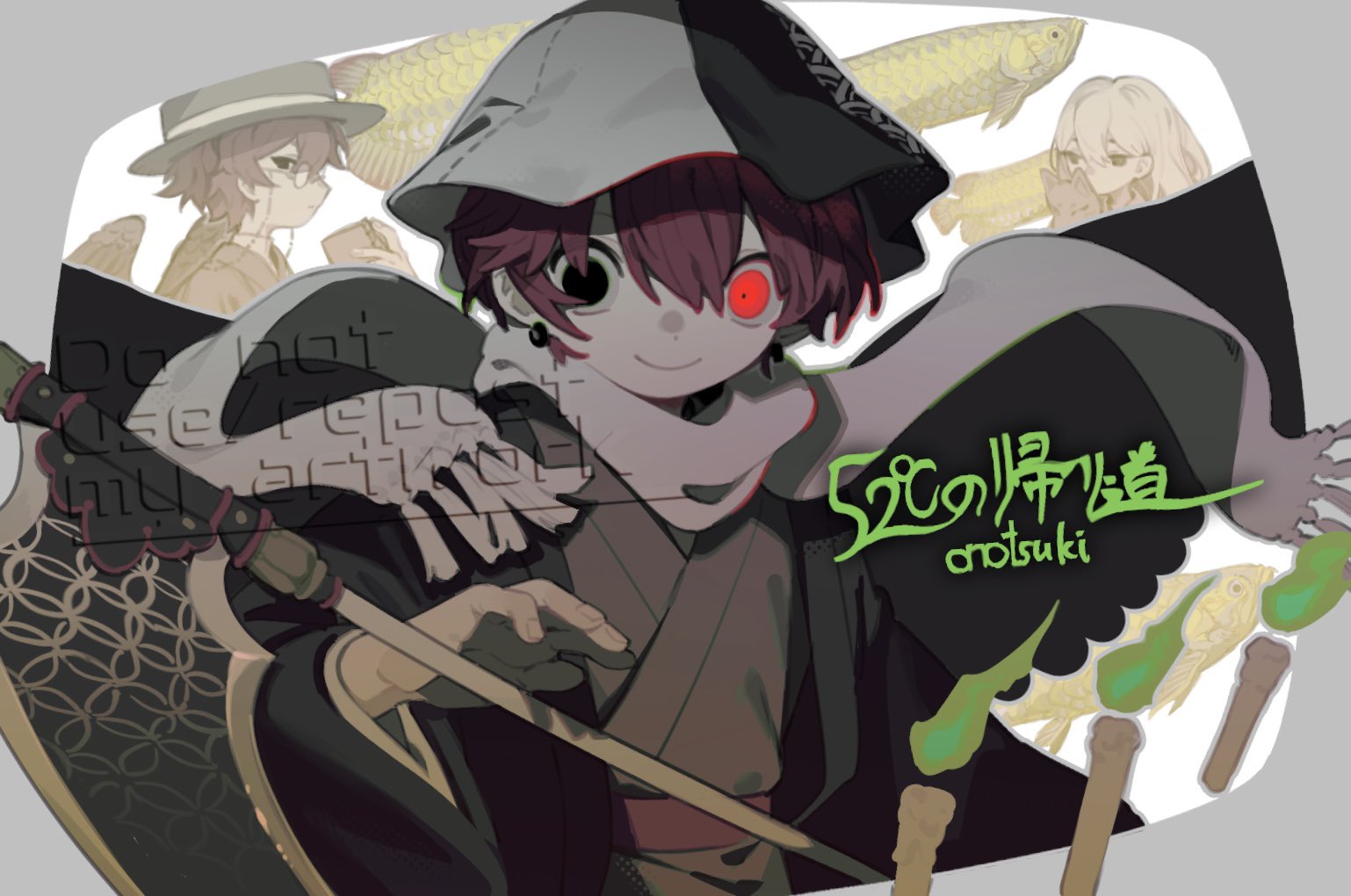 3boys animal bird_wings black_coat black_eyes black_wings brown_kimono candle coat commentary_request feathered_wings fish grey_scarf haori heterochromia japanese_clothes kimono looking_at_viewer male_focus multiple_boys onotsuki_w2 original red_hair scarf short_hair smile upper_body weapon wind wings yellow_eyes