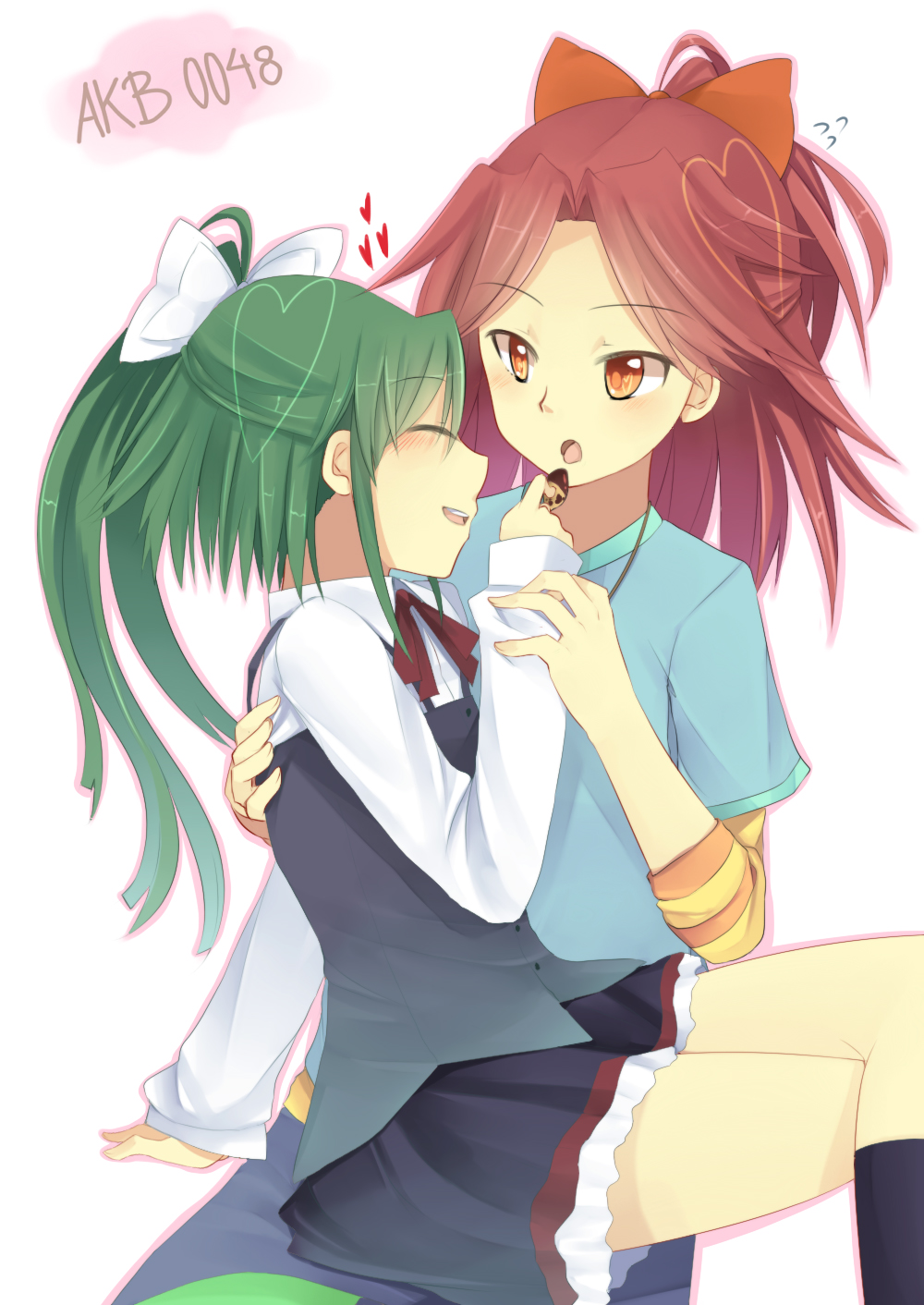 10s 2girls akb0048 blush bow brown_eyes chocolate closed_eyes feeding green_hair hair_bow hand_on_back highres hinagi_(fox_priest) long_hair multiple_girls open_mouth ponytail red_hair shinonome_kanata short_hair sitting sitting_on_person skirt smile takahashi_minami_(akb0048) vest yuri